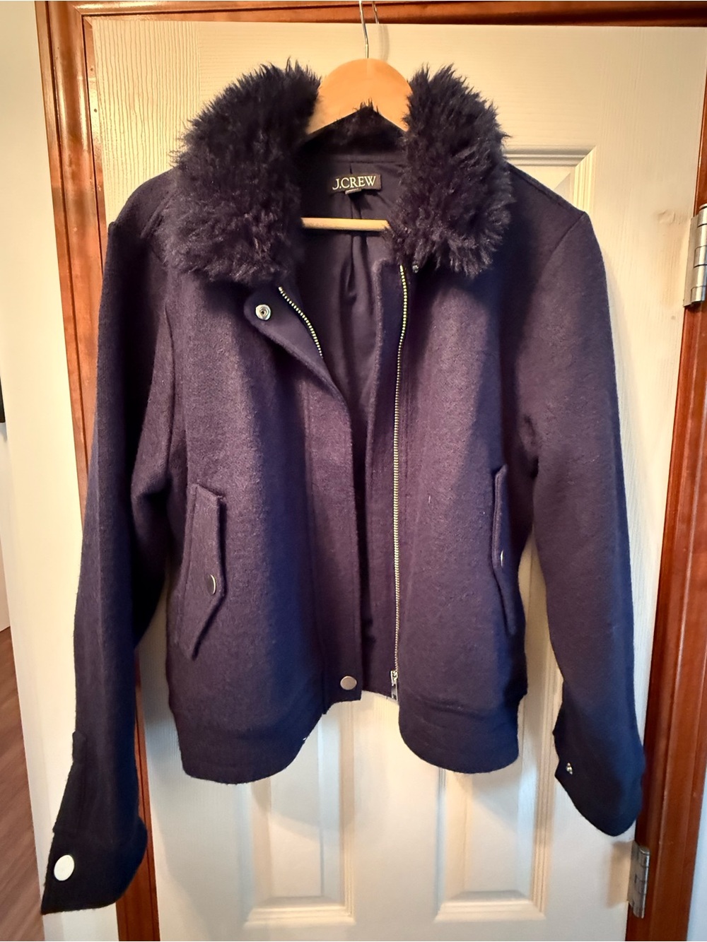 J. Crew Dark Navy Wool Blend Peacoat with Faux Fur Collar
